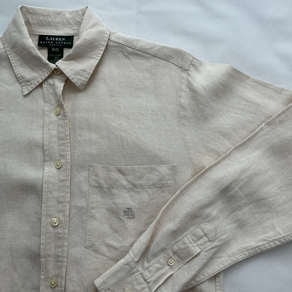 Lauren Ralph Lauren 100% Linen Top Work Shirt Petite Small Beige Classic Preppy